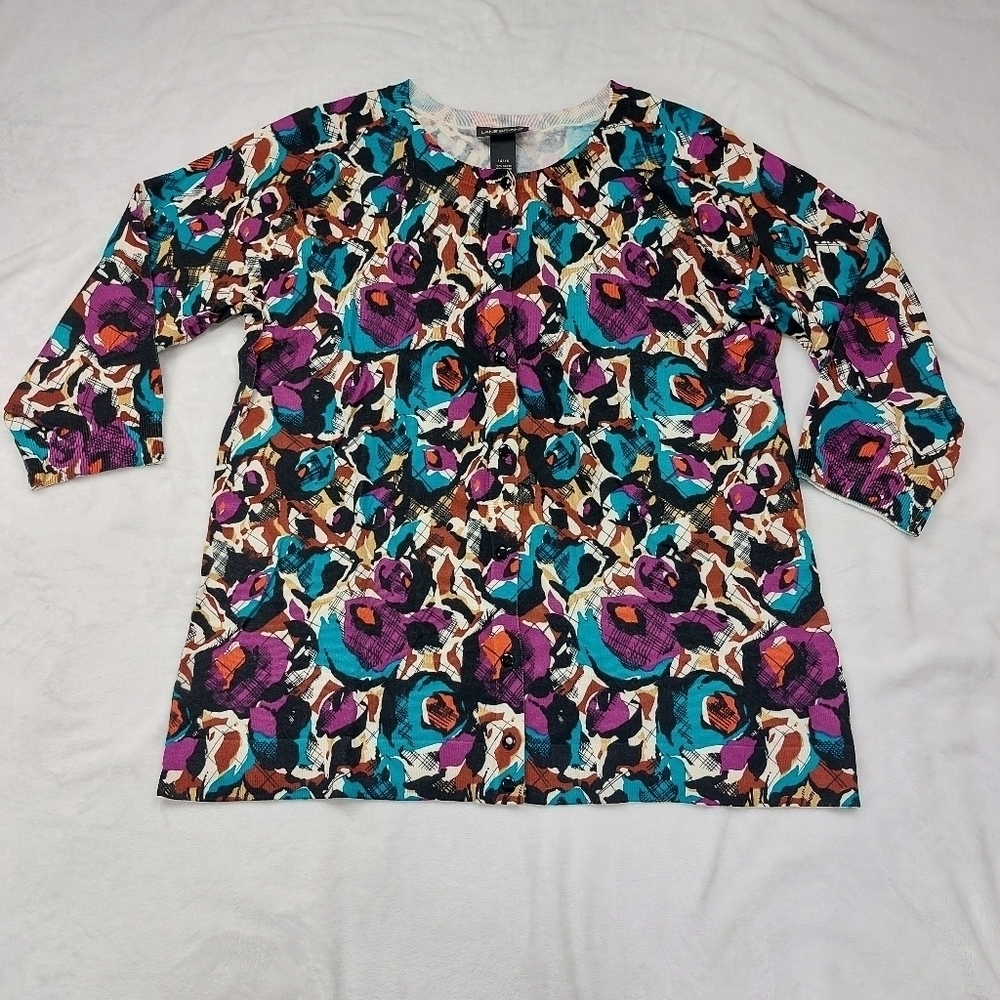 LANE Bryant WOMEN'S Abstract Floral 3/4 Sleeve Button Front Cardigan Size 14/16